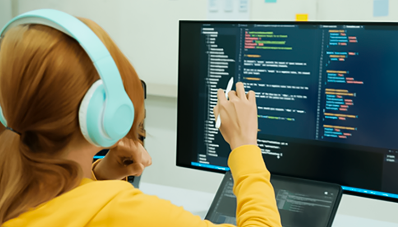 Mujer sentada frente a un ordenador analizando código informático